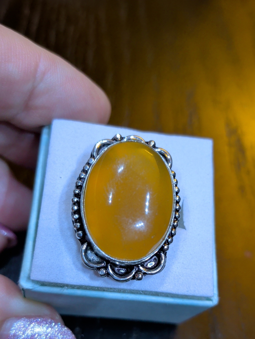 Yellow Oval Chalcedony Stone Silver Plated Ring Size 8